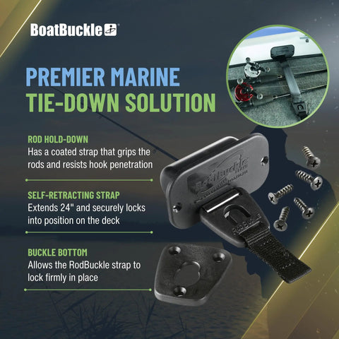 Self Retracting Rod Tie Down Mount For Gunwale Or Deck Two Pack Retractable Rod Tie Downs For Bass Boats And Small Vessels Easy Install And Adjustment Keeps Rods Secure And Organized On The Go black strap mount with screws