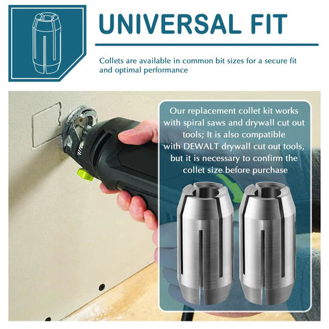 Person using spiral saw with Two Pack Replacement Collet Kit For CN1 And DeWalt Spiral Saws And Drywall Cutout Tools 5 32 Inch Collets.