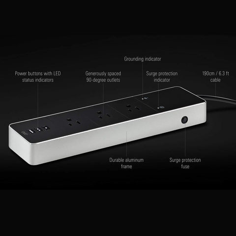 Smart Triple Outlet Power Strip With Energy Meter For Apple HomeKit, Siri Control, showing LED status indicators and aluminum frame