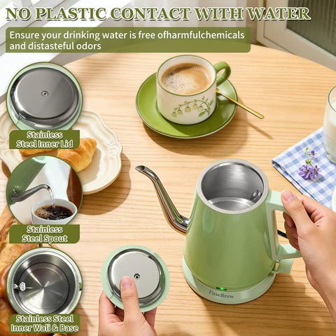 Gooseneck Electric Kettle 0.8L With 1200W Quick Boil, Stainless Steel, Auto Shut Off, Precision Pour Over Kettle for Coffee Nerds, Green