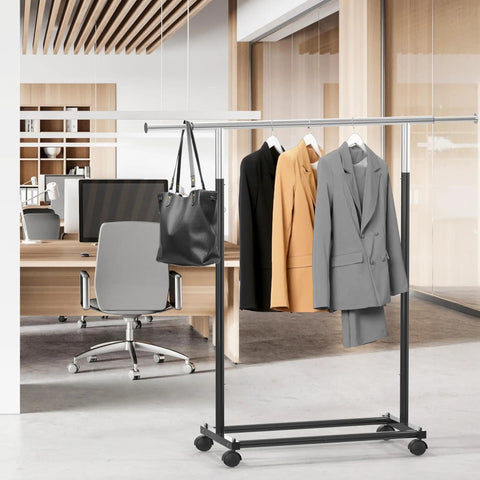 Heavy Duty Steel Clothing Rack With Extensible Top Rod And Chrome Accents In Slick Black Paint Built Solid For Dorm Life And Cramped Closets Easy Setup Rack To Hang All Your Threads Stress Free