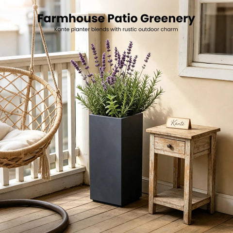 Crack-Resistant Lightweight Concrete Planter, Tall 19.9 Inches, Charcoal Rectangular Plant Pot With Drainage Hole And Rubber Plug For Indoor Outdoor Garden And Patio on a porch with lavender