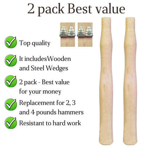2 Pack Wood Sledge Hammer Handle Replacements For 2 3 And 4 Lb Hammers With Wood And Steel Wedges 12.5 Inch Length with features