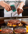 Chef using Dual Mode Infrared Thermometer Gun With Laser, Non Contact Digital Thermometer For Cooking, BBQ And Industrial Use, Surface Readings From Minus 50C To 800C, Meat Probe From Minus 50C To 300C, Grill Master Pro Grade Tool to measure burger temperature on a grill.