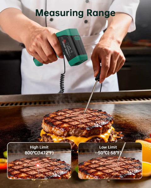 Chef using Dual Mode Infrared Thermometer Gun With Laser, Non Contact Digital Thermometer For Cooking, BBQ And Industrial Use, Surface Readings From Minus 50C To 800C, Meat Probe From Minus 50C To 300C, Grill Master Pro Grade Tool to measure burger temperature on a grill.