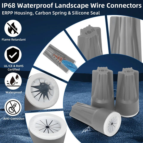 Heavy Duty Waterproof Wire Connectors 50 Pack IP68 For Landscape Lighting And Irrigation, 22-10 AWG, UL CE RoHS Certified, Gray