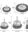 5 Piece Drill Wire Brush Set For Rust Removal And Surface Stripping With 0.012 Inch Carbon Steel Wire And 1/4 Inch Arbor sizes shown