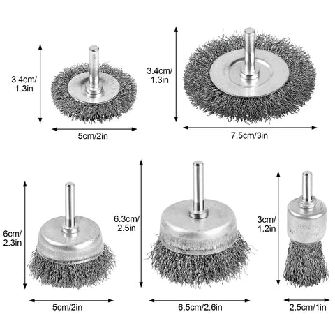 5 Piece Drill Wire Brush Set For Rust Removal And Surface Stripping With 0.012 Inch Carbon Steel Wire And 1/4 Inch Arbor sizes shown