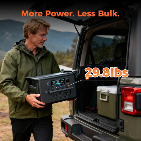 Man carrying Rock Solid 1800W Portable Power Station Featuring 1024Wh LiFePO4 Battery And 100W Solar Panel, weighing 29.8 lbs.