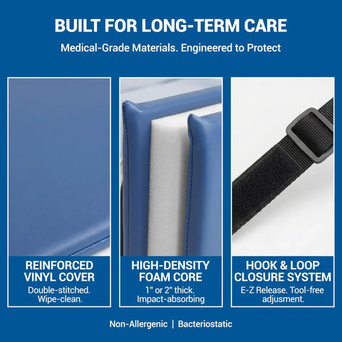 Close-up of Vinyl Bed Rail Pads 60 Inch Long By 15 Inch High Reinforced 2 Inch Thick with EZ Release Hook and Loop Straps.