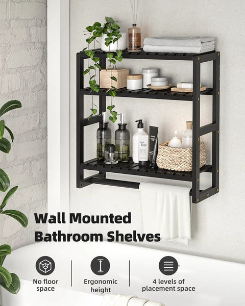 Over The Toilet Storage Bathroom Shelves Wall Mounted 3 Tier Black Rack Space Saving Organizer that displays toiletries and plants.