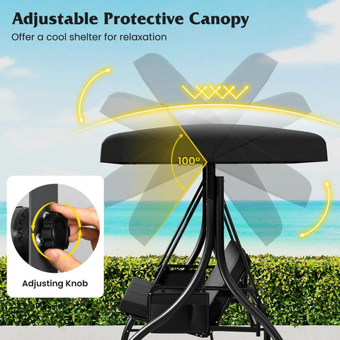 Adjustable canopy feature on Three Person Outdoor Porch Swing With 2 In 1 Convertible Design From Chair To Lounger For Chill Sessions.