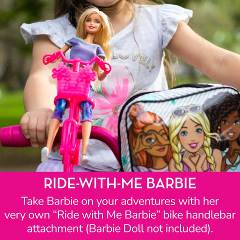 Image of Barbie 16 Inch Girls Bike For Kids Aged Five To Seven With Fun Stylish Design Sturdy Durable Frame And Easy Assembly Perfect For Beginners Learning To Ride And Build Confidence On The First Pedals, featuring a pink handlebar attachment with a doll seat and colorful graphics.