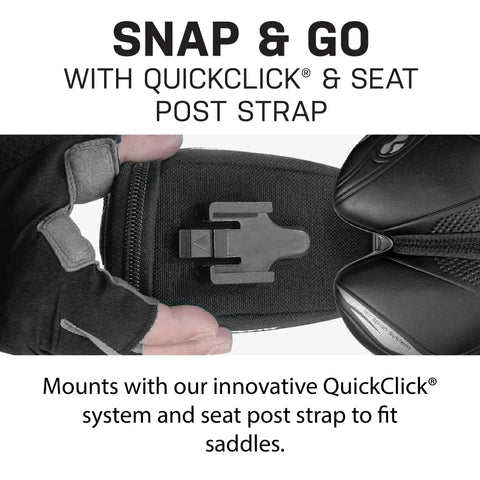 Demonstration of QuickClick mount on Micro Aero Wedge Seatpost Bag With Fixer F11 For 27.2 To 34.9 Mm Posts Black Durable 1000D Nylon.