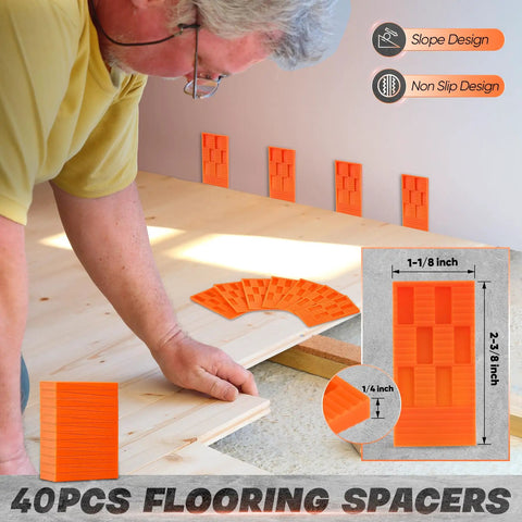 Man installing laminate flooring using 7-In-1 Laminate Flooring Installation Kit with orange spacers visible on the floor.
