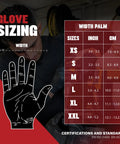 Glove sizing chart illustrating width measurements for Built To Last Heavy Duty Black Nitrile Exam Gloves 4 Mil Thick.
