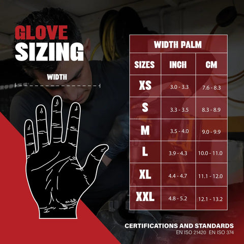 Glove sizing chart illustrating width measurements for Built To Last Heavy Duty Black Nitrile Exam Gloves 4 Mil Thick.