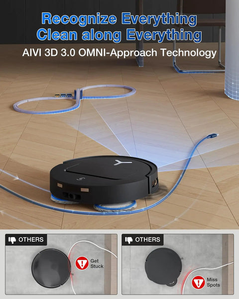 T50 Pro Omni Robot Vacuum and Mop with Ultra Slim 3.19 Inch Body using AIVI 3D technology to navigate wooden floor.