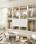 100 Inch Walk In Closet System With Deep Drawers And Sleek Mirror Panels, Wooden Wardrobe Organizer showcasing modular shelving and dual hanging rods.