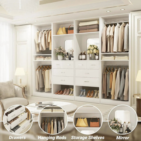 100 Inch Walk In Closet System With Deep Drawers And Sleek Mirror Panels, Wooden Wardrobe Organizer showcasing modular shelving and dual hanging rods.