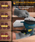 Slick Five Inch Orbital Sander With Six Speed Controls And Killer Dust Collection For Dead Simple Wood And Metal Refinishing At Thirteen Thousand Rpm With Twenty Grit Abrasive Discs Ready To Go showing sandpaper grits and sander attachment.