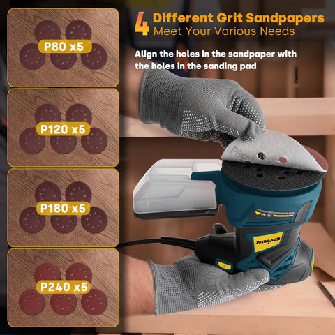 Slick Five Inch Orbital Sander With Six Speed Controls And Killer Dust Collection For Dead Simple Wood And Metal Refinishing At Thirteen Thousand Rpm With Twenty Grit Abrasive Discs Ready To Go showing sandpaper grits and sander attachment.