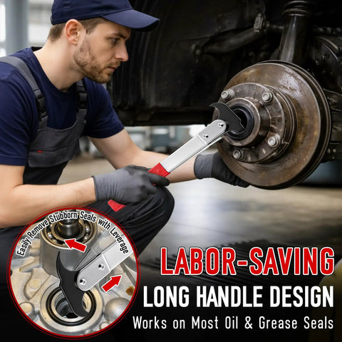 Two In One Bearing Packer And Seal Puller Tool Kit in use removing hub seal from vehicle wheel hub