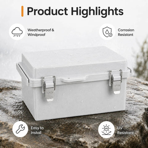 Super Heavy Duty IP67 Waterproof Junction Box With Secure Hinged Lid And Multiple Cable Glands Outdoor Electrical Enclosure Built Different For Nasty Weather Days on a wet rock.
