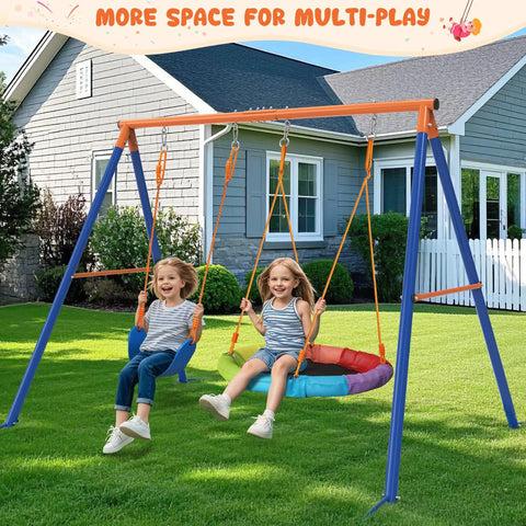 Backyard Swing Set With Stand For Kids, Heavy Duty 440 Lb Metal A Frame Outdoor Playset, children on swings in garden