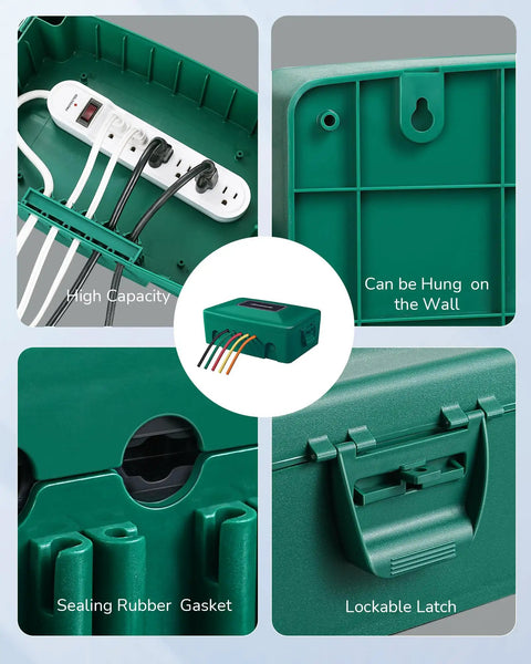 Green outdoor weatherproof electrical box with waterproof cord protector and lockable latch, ideal for extension cords and power strips.