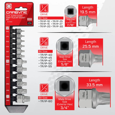 Stubby Low Profile Torx Plus Socket Set, 12-Piece, Dual Drive Internal Square and External Hex for Tight Spaces, displayed with sizes.