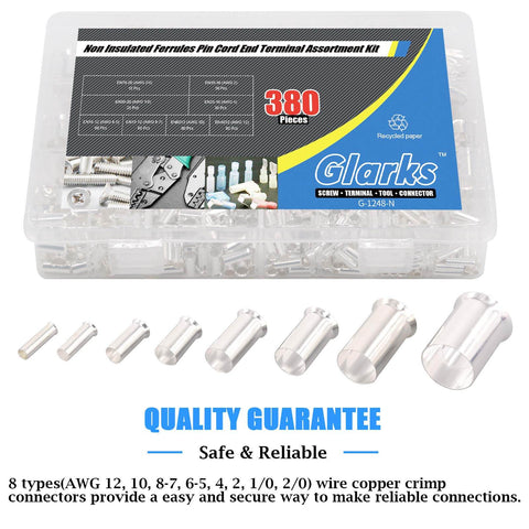 380 Pcs Wire Ferrule Kit With Eight Sizes From AWG 12 To 2/0 Copper Silver Plated Crimp Connectors Non Insulated End Terminals in Clear Box