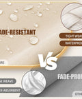 Comparison of fade-resistant, tight weave, waterproof khaki fabric vs. loose weave, fade-prone grey fabric for outdoor porch cushions.