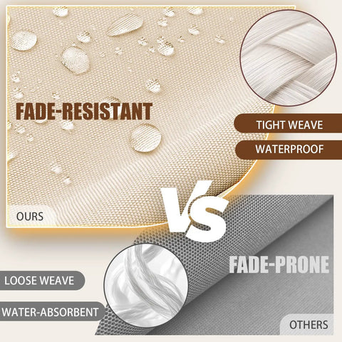 Comparison of fade-resistant, tight weave, waterproof khaki fabric vs. loose weave, fade-prone grey fabric for outdoor porch cushions.