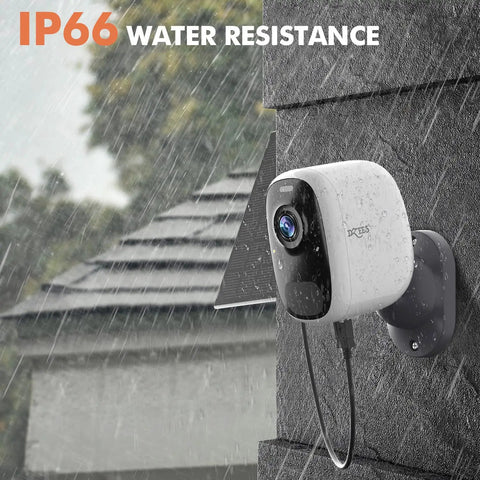 Solar Powered Outdoor Security Camera With 2.5K Color Night Vision in rain showcasing IP66 weatherproof feature, mounted on wall