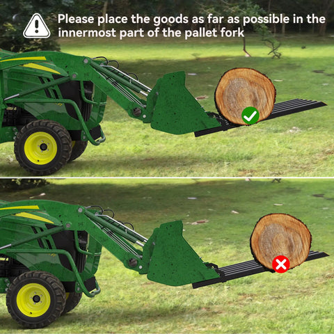Beefy Clamp On Debris Forks For 60 Inch Buckets showing correct and incorrect log placement on tractor loader skid steer.