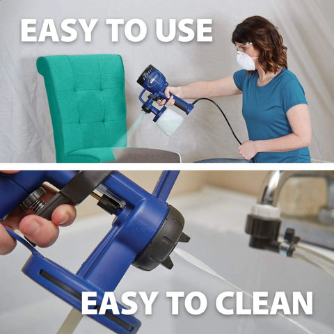 Person using the Finish Max HVLP Electric Paint Sprayer for Cabinets, Furniture and Trim, showcasing easy use and cleaning.