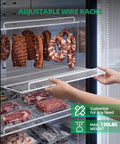 Adjustable wire racks in the Heavy Duty Three Door Glass Display Freezer holding various meats for retail use.