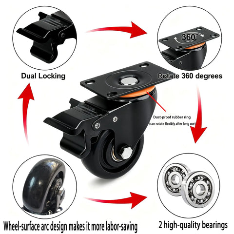 Built Tough 4 Inch Industrial Swivel Caster Wheels With Slam Lock Brakes Set Of 4 showing dual locking feature and 360-degree rotation.