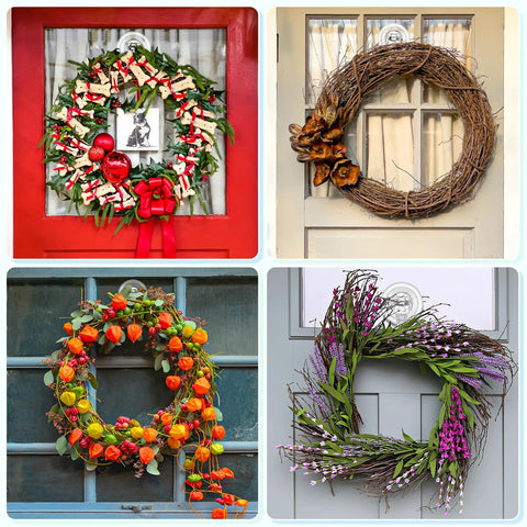 Four decorative wreaths displayed on doors, featuring various seasonal designs and colors with ribbons, berries, and flowers.