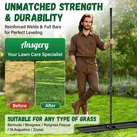 Person holding Heavy Duty Lawn Leveling Rake With 78 Inch Long Handle 36 By 12 Inch Head Ground Leveler on grass