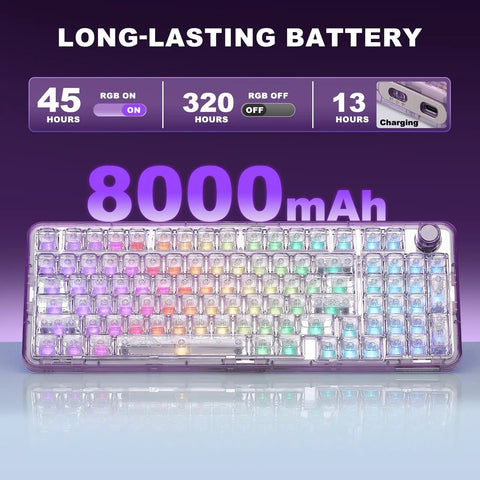 Smooth Wireless Mechanical Keyboard With Sleek Rotary Knob And Sick Tri Mode Sync For Effortless Multi Device Pairing Purple Crystal Switches Zero Lag Gaming Rig Built Different showcasing long-lasting 8000mAh battery.