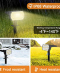 6 Pack Solar Spot Lights Outdoor 65 LED With 3 Modes Warm White Garden Landscape Security Lights IP68 Waterproof showcasing durability in rain, frost, and heat.