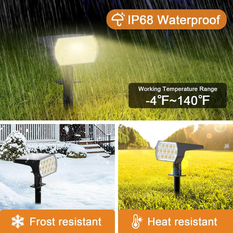6 Pack Solar Spot Lights Outdoor 65 LED With 3 Modes Warm White Garden Landscape Security Lights IP68 Waterproof showcasing durability in rain, frost, and heat.