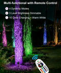 All-In-One RGBW Landscape Lighting Kit illuminating trees with multi-color LED spotlights and remote control in a garden setting