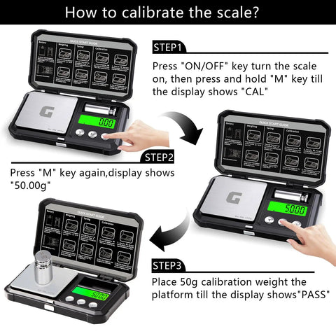 Calibration steps for Pocket Digital Gram Scale 300 G Capacity With Zero Point Zero One G Increments, showing screen and weights.