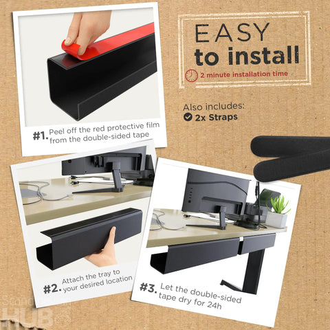 Under Desk Cable Management Tray Set Of 2 With Self Adhesive Installation No Screw Cord Organizer for Clean Desk Look installation steps
