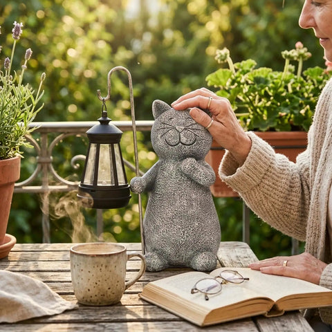 Person touching a Solar Powered Cat Garden Statue With Warm Glow Lantern, Weatherproof Resin Outdoor Decor beside plants on a patio table.