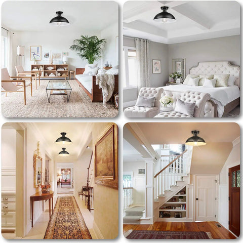 Farmhouse Semi Flush Mount Ceiling Light Fixture With E26 Base, Industrial Black Open Barn Shade in various room settings