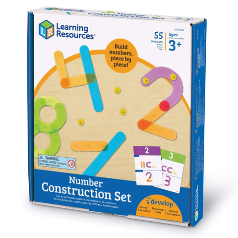 Box of Number Construction Kit For Kids 3 Plus With 55 Pieces, Snap Together Color Coded Numbers 0 Through 9, showing activity cards.
